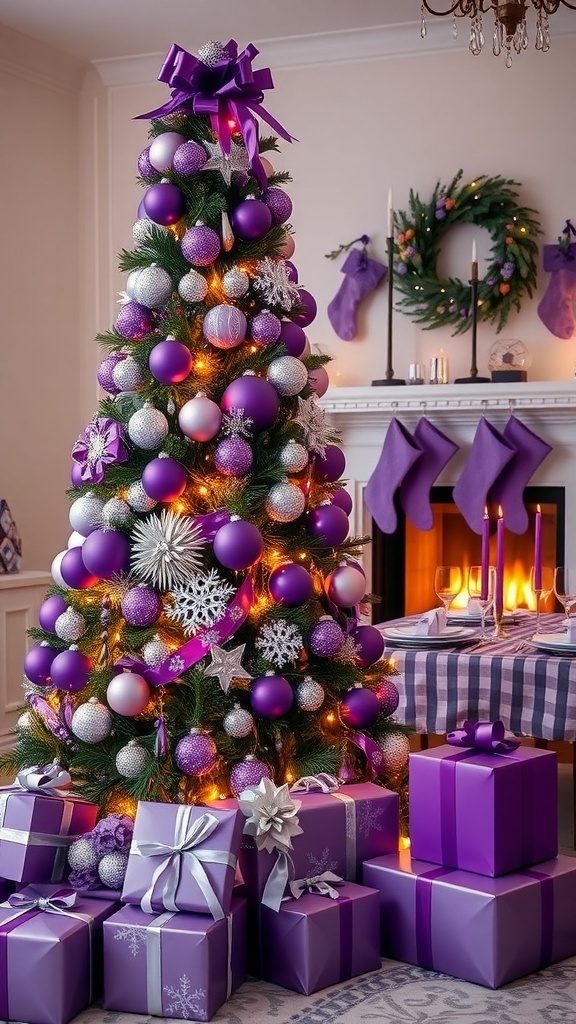 A Christmas tree decorated with purple ornaments and silver accents, surrounded by purple-wrapped gifts and a festive table setting.